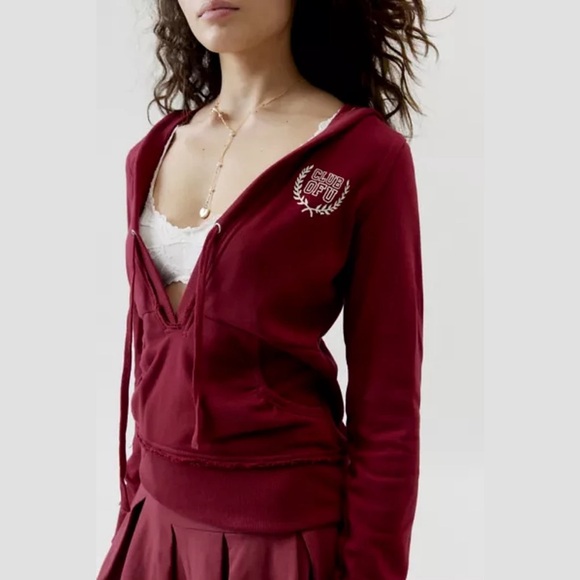 URBAN OUTFITTERS Out From Under Deep-V Pullover Hoodie Sweatshirt Sz S Red NWT - Picture 1 of 9